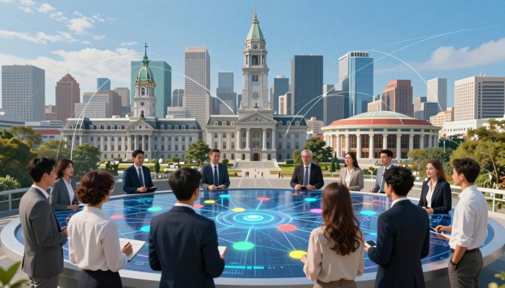 A creative illustration of local authority link building strategies, featuring a dynamic urban landscape. The foreground showcases a diverse group of professionals in business attire, engaged in discussions around a large digital map displaying interconnected websites represented as colorful nodes. In the middle, prominently featured are local landmarks like a city hall and a community center, symbolizing the authority aspect. The background includes a vibrant city skyline under a clear blue sky, with interconnected lines symbolizing online connections flowing from local sites to the broader web. The lighting is bright and inviting, enhancing the sense of collaboration and innovation. The atmosphere is professional yet approachable, reflecting teamwork in a local SEO context.