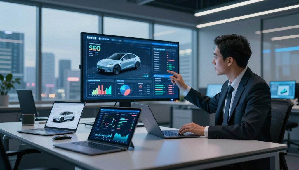 A futuristic office setting showcasing an electric vehicles market analysis. In the foreground, a sleek table cluttered with high-tech devices such as tablets and laptops displaying graphs and charts of market trends in electric vehicles. In the middle ground, a focused professional in business attire analyzing data on a large digital screen, which highlights smart analytics related to local SEO and electric vehicle sales. The background features a modern cityscape through panoramic windows, enhancing the atmosphere of innovation and progress. Soft ambient lighting envelops the space, creating a professional yet inviting mood. A wide-angle perspective captures the entire scene, emphasizing the integration of technology and market analysis in the electric vehicle sector.