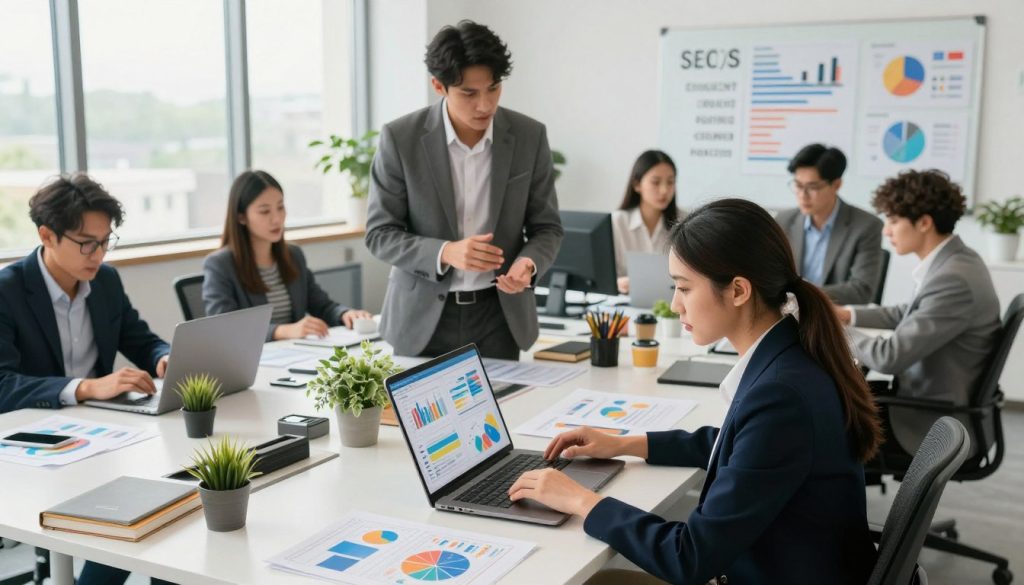 A modern office space bustling with activity, showcasing a diverse group of professionals collaborating on local SEO strategies. In the foreground, a focused woman in a smart business outfit analyzes data on a laptop surrounded by colorful charts and graphs. In the middle, a man in a tailored suit discusses strategies with a team at a large table, while a whiteboard in the background displays keywords and local search metrics. The space is filled with bright, natural light pouring in from large windows, enhancing the vibrant atmosphere of innovation and teamwork. The composition uses a slight overhead angle to capture the dynamic engagement, reflecting a mood of productivity and expertise in enhancing search visibility.