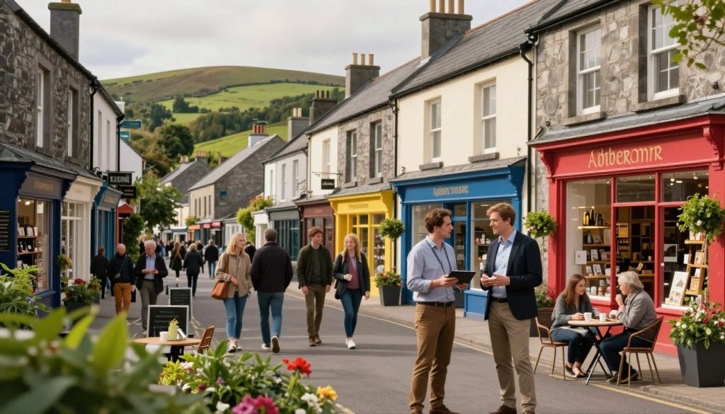 A picturesque Irish town bustling with local businesses, featuring a charming main street lined with colorful shopfronts showcasing artisanal goods. In the foreground, a professional business person in modest casual attire, holding a tablet, is engaged in a discussion with a local shop owner, surrounded by lush greenery and the gentle hills characteristic of the Irish landscape. In the middle ground, groups of pedestrians intersect, some stopping to admire window displays, while others sip coffee at a quaint outdoor café. The background captures the essence of Ireland, with traditional stone buildings and rolling hills under a soft, diffused sunlight, creating a warm and inviting atmosphere. The scene conveys a sense of community and collaboration, emphasizing the importance of content strategy for local businesses.