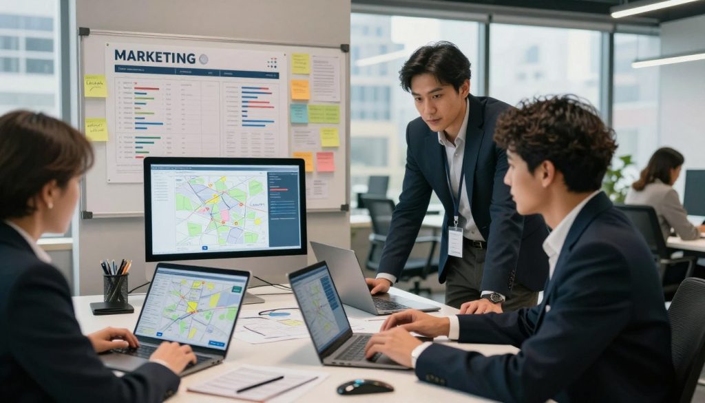 A professional local SEO agency workspace with a focus on core responsibilities. In the foreground, a diverse group of three professionals in smart business attire is engaged in a brainstorming session around a large table, examining digital maps and analytics on laptops. The middle layer showcases a digital marketing plan pinned on a wall with sticky notes and charts illustrating keyword research and online listings. In the background, large windows allow natural light to stream in, highlighting an urban landscape outside. The atmosphere is collaborative and focused, with warm lighting to enhance a sense of productivity and creativity. The angle captures the dynamic interactions between team members, emphasizing teamwork and strategy in the pursuit of local SEO excellence.