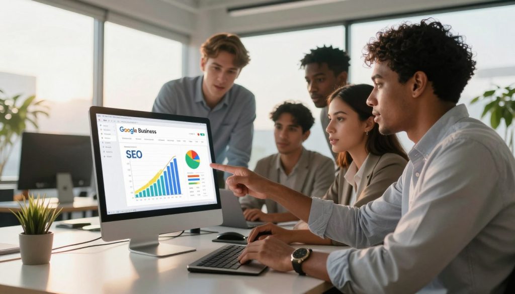 A professional office setting depicting a team of diverse business professionals, including a Hispanic woman and a Black man, collaborating over a computer screen displaying a Google Business Profile interface. The foreground features a sleek, modern desk with a laptop open, vibrant graphs, and charts related to SEO performance. In the middle, the team engages in discussion, pointing at the screen, with expressions of concentration and determination. The background shows a bright, airy office with large windows and plants, creating a warm atmosphere. The lighting is soft and inviting, casting a natural glow, reminiscent of the afternoon sun. The image should convey teamwork, professionalism, and the importance of local SEO in business growth, without any text or overlays.