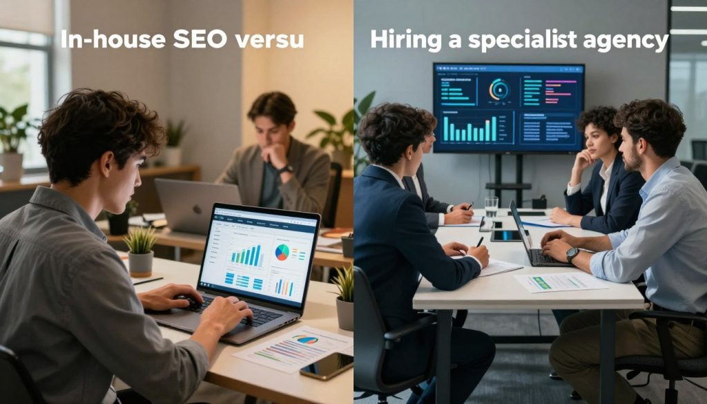 A split-scene image illustrating "In-house SEO versus hiring a specialist agency." In the foreground, depict a focused individual in professional attire, analyzing website analytics on a laptop at a cluttered desk filled with SEO tools and charts, symbolizing in-house SEO. On the opposite side, show a team of diverse professionals, dressed in smart business attire, engaged in a strategic discussion around a conference table with SEO graphs on a digital screen, representing the specialist agency. In the middle, create a subtle division with contrasting colors: warm tones for the in-house side, cool tones for the agency side. The background should feature office environments that match each scenario— a cozy, personal workspace for in-house and a sleek, modern agency office. Use soft, natural lighting to create a collaborative and focused atmosphere.
