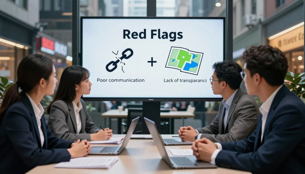 A visually striking representation of "Common pitfalls when choosing a local SEO partner." In the foreground, illustrate a diverse group of three professionals in smart business attire, engaged in a discussion at a conference table cluttered with documents and digital devices. In the middle ground, depict a large screen displaying the phrase “Red Flags” along with icons symbolizing poor communication and lack of transparency, represented by a broken chain and an unclear map. In the background, through a glass wall, show a bustling urban landscape with local shops and restaurants to emphasize local SEO. The lighting is bright and focused, with a slightly blurred background to maintain attention on the professionals. The mood is serious yet collaborative, hinting at the importance of making informed choices in SEO partnerships.
