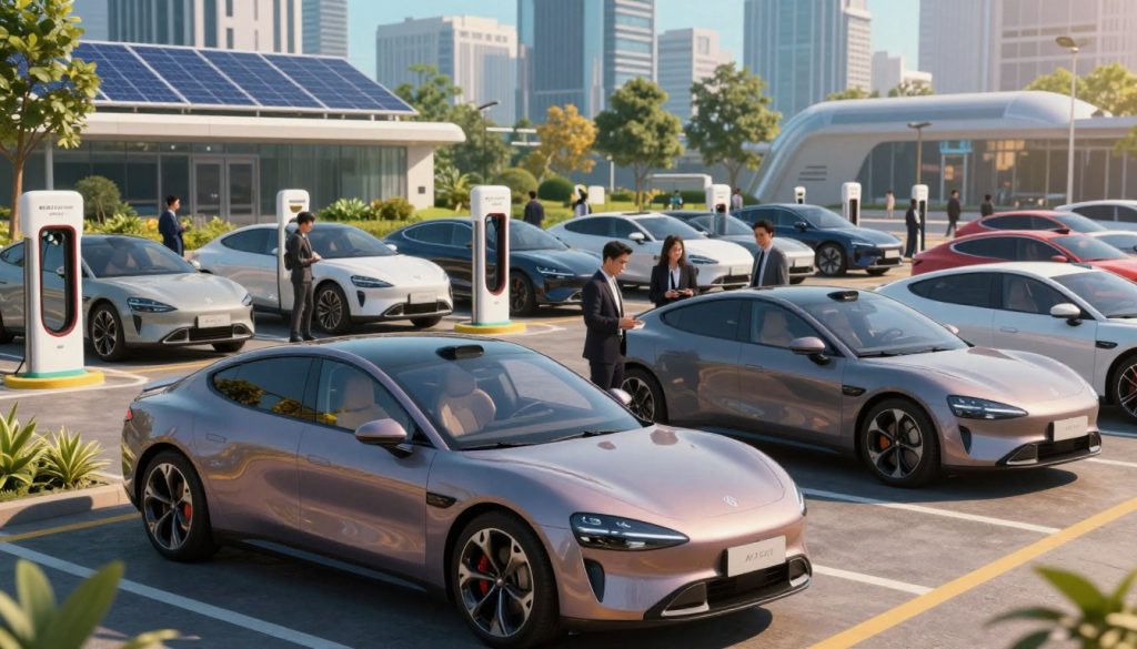 An electric vehicle market scene showcasing a diverse array of modern electric cars in a vibrant urban setting. In the foreground, a sleek electric car in a stylish design gleams under warm sunlight, highlighting its smooth curves and innovative technology. In the middle ground, a busy street features charging stations, with people in professional business attire examining vehicles and discussing options, conveying a sense of collaboration and innovation. The background reveals a futuristic city skyline with solar panels and greenery, symbolizing sustainability. The atmosphere is energetic and optimistic, with clear blue skies and soft shadows cast by the buildings. The focus is sharp, capturing the details of the cars and people, while maintaining a slightly blurred background for depth.