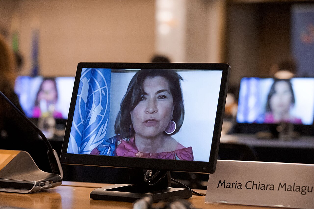 A conference monitor showing a speaker