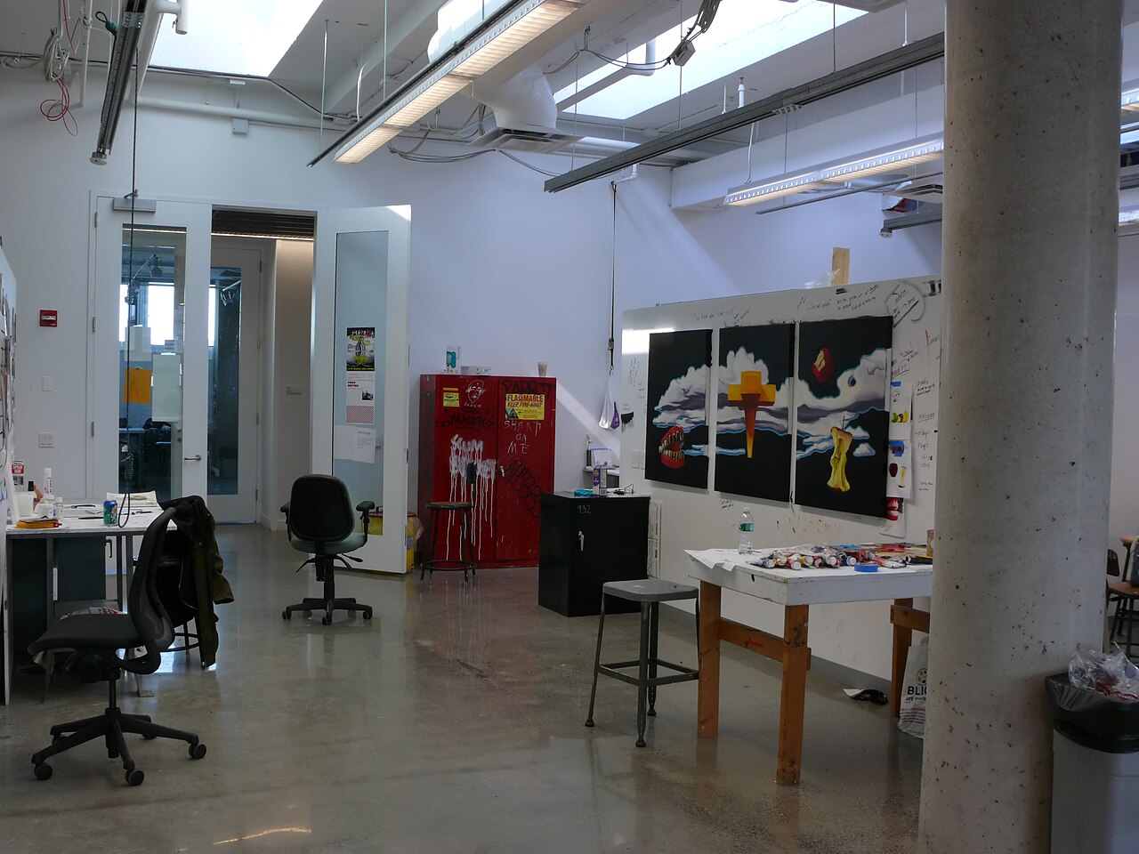 A modern open-plan office with desks