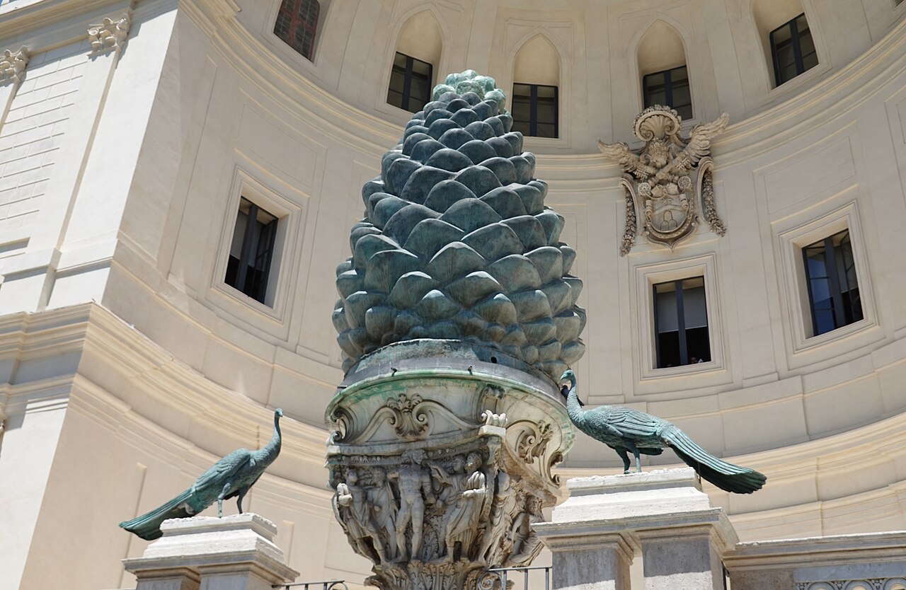 The Fontana della Pigna, a bronze pine cone nearly four metres high in the Cortile della Pigna at the Vatican, once a Roman fountain